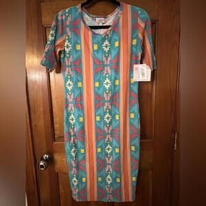 LuLaRoe Julia Dress Sheath Pencil Geometric Pink Teal Midi Knee Length Small NWT
